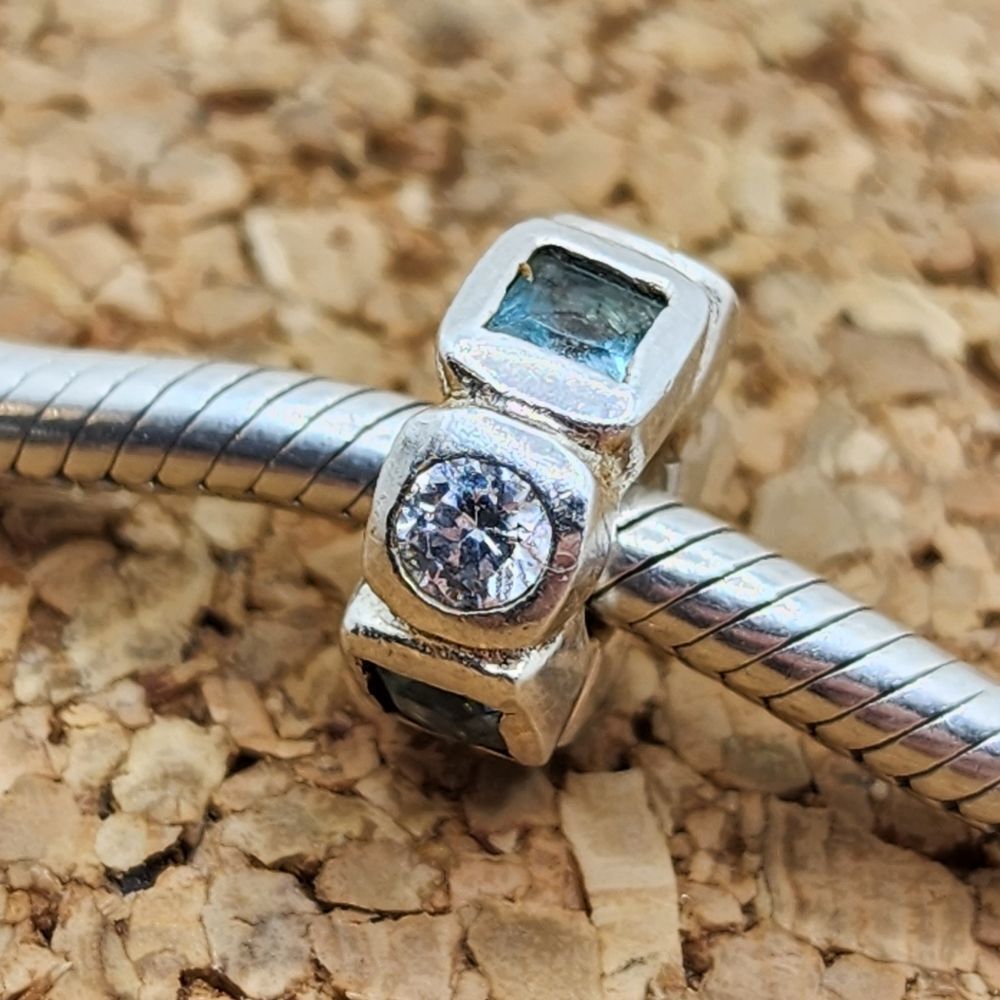 CIRCLE SQUARE BLUE & CLEAR SWAROVSKI CRYSTAL SPACER CHARM BEAD FOR PANDORA